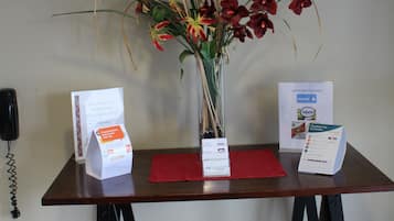 Un mostrador de recepción con un florero, folletos informativos y un teléfono.