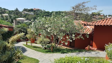 Un sendero en un jardín que conduce a un edificio de fachada roja, rodeado de abundante follaje y plantas con flores.