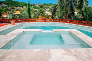 Piscina retangular com borda azulejada, cercada por uma vedação de madeira e palmeiras ao fundo.