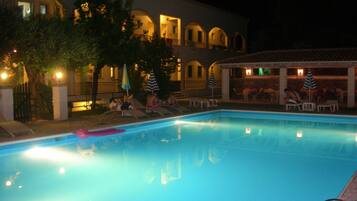 Outdoor pool, pool umbrellas, pool loungers