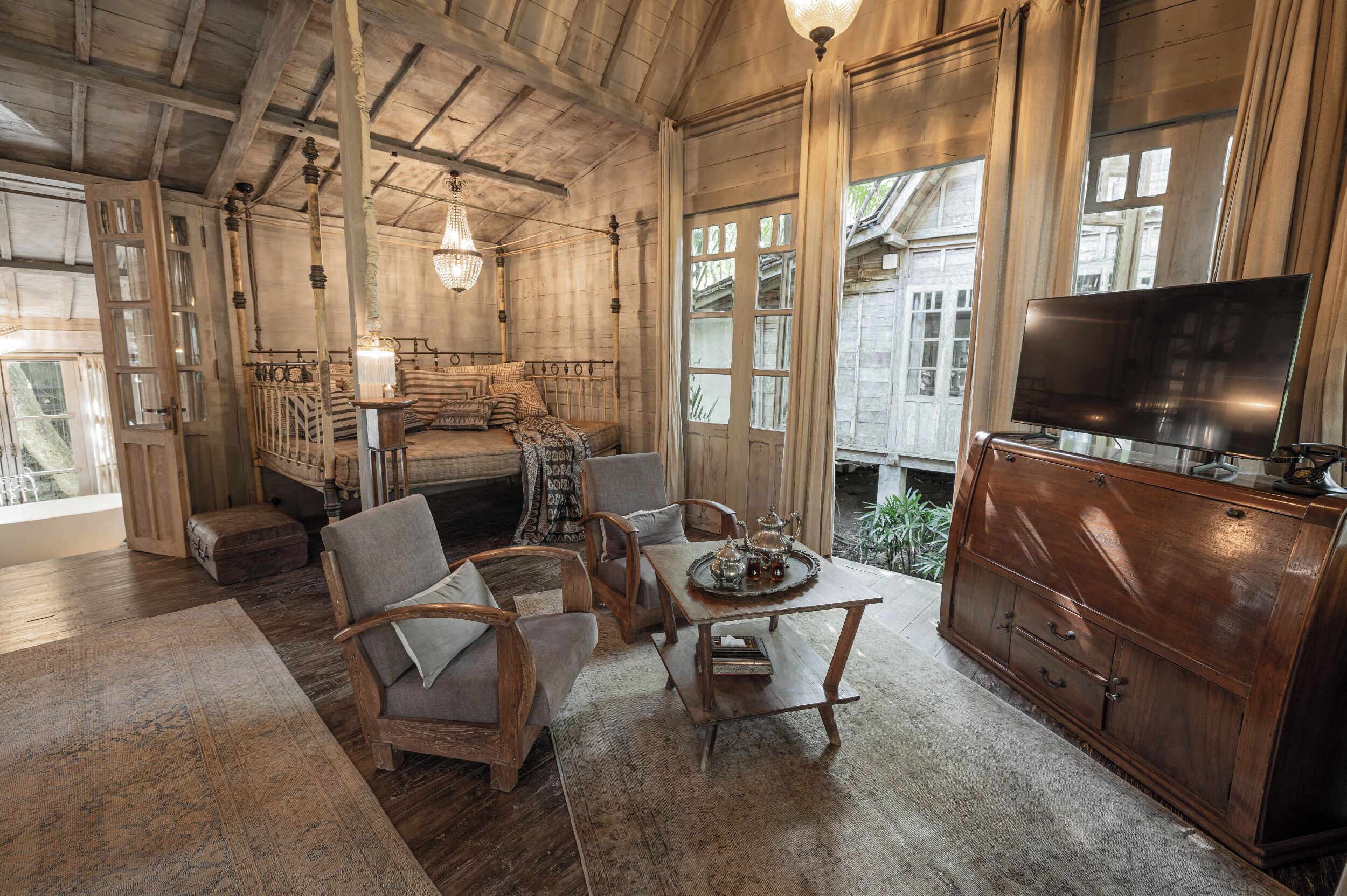 traditional vintage teak house | living area | 24-inch lcd tv with cable channels, tv