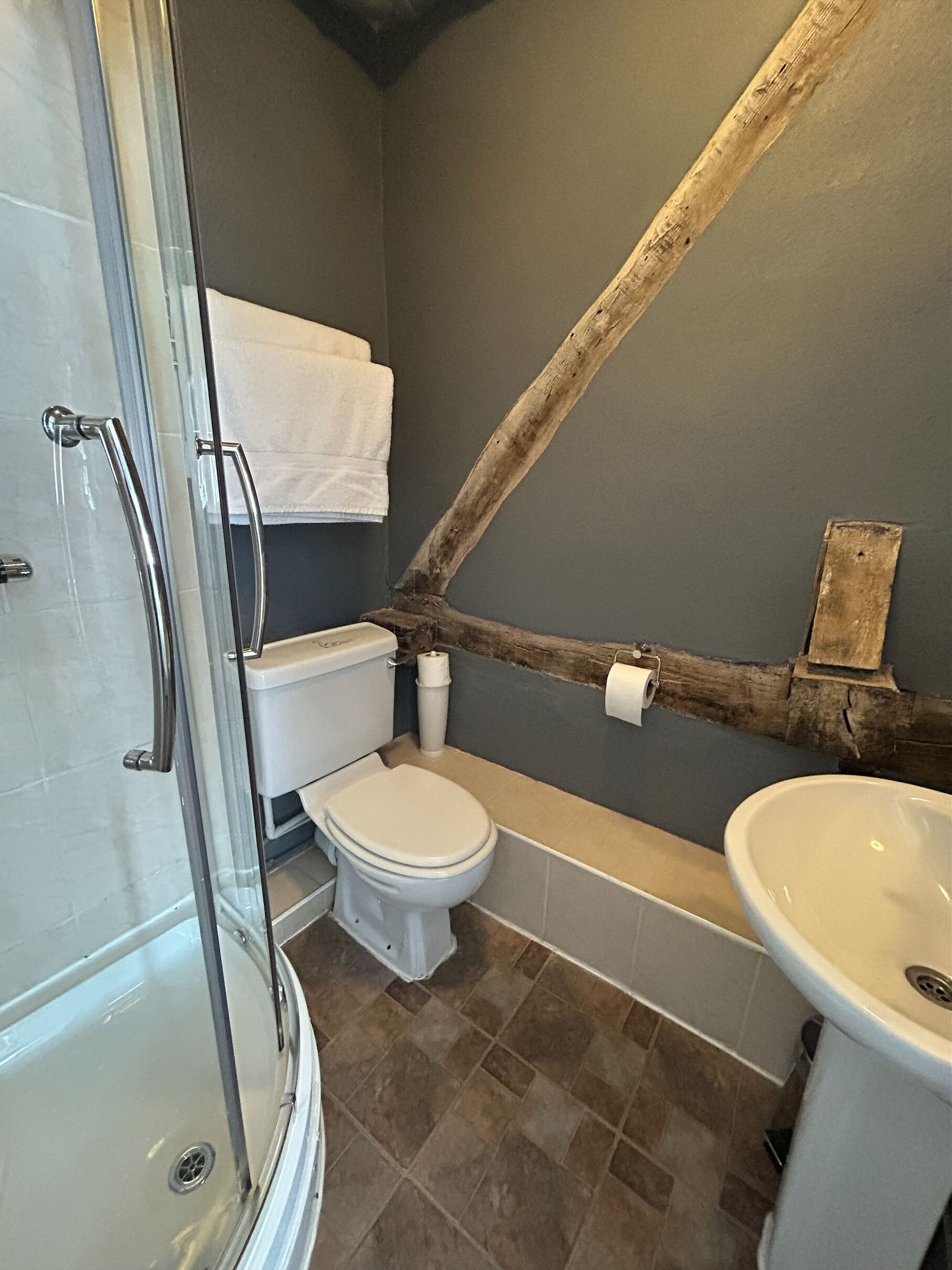 Une salle de bain avec une douche à paroi de verre, des toilettes, un lavabo et une poutre en bois sur le mur.