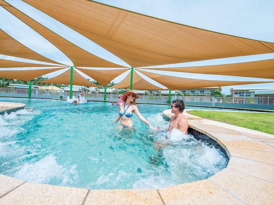 2 outdoor pools, open 7 AM to 9 PM, pool loungers