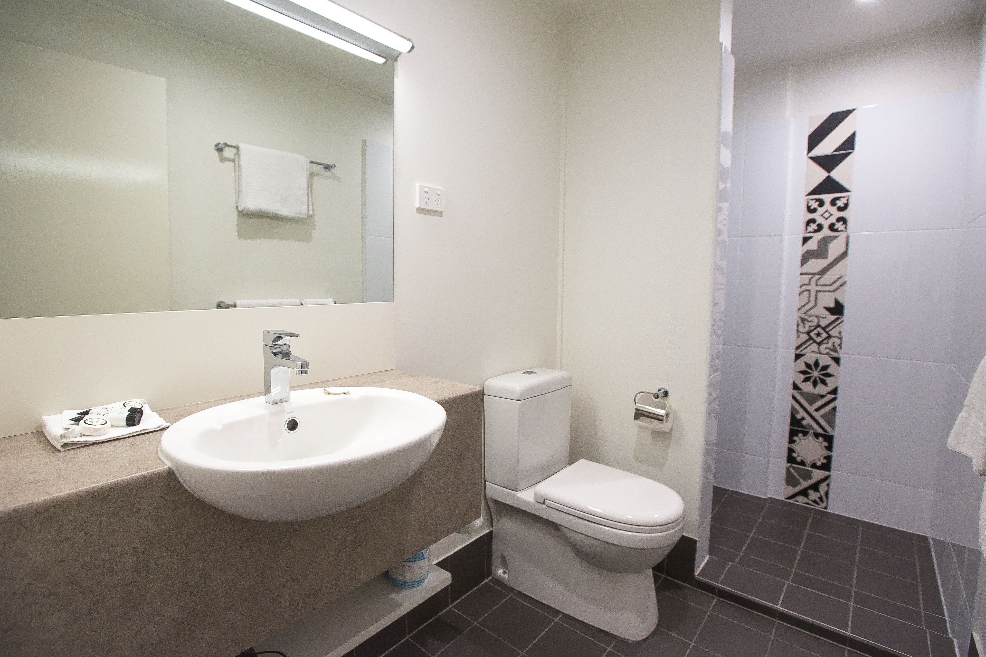 shower, free toiletries, hair dryer, towels