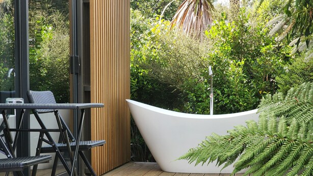 Un espace extérieur moderne, aménagé avec une terrasse en bois, un bac à fleurs blanc contenant une fougère et une porte vitrée donnant accès à une pièce.