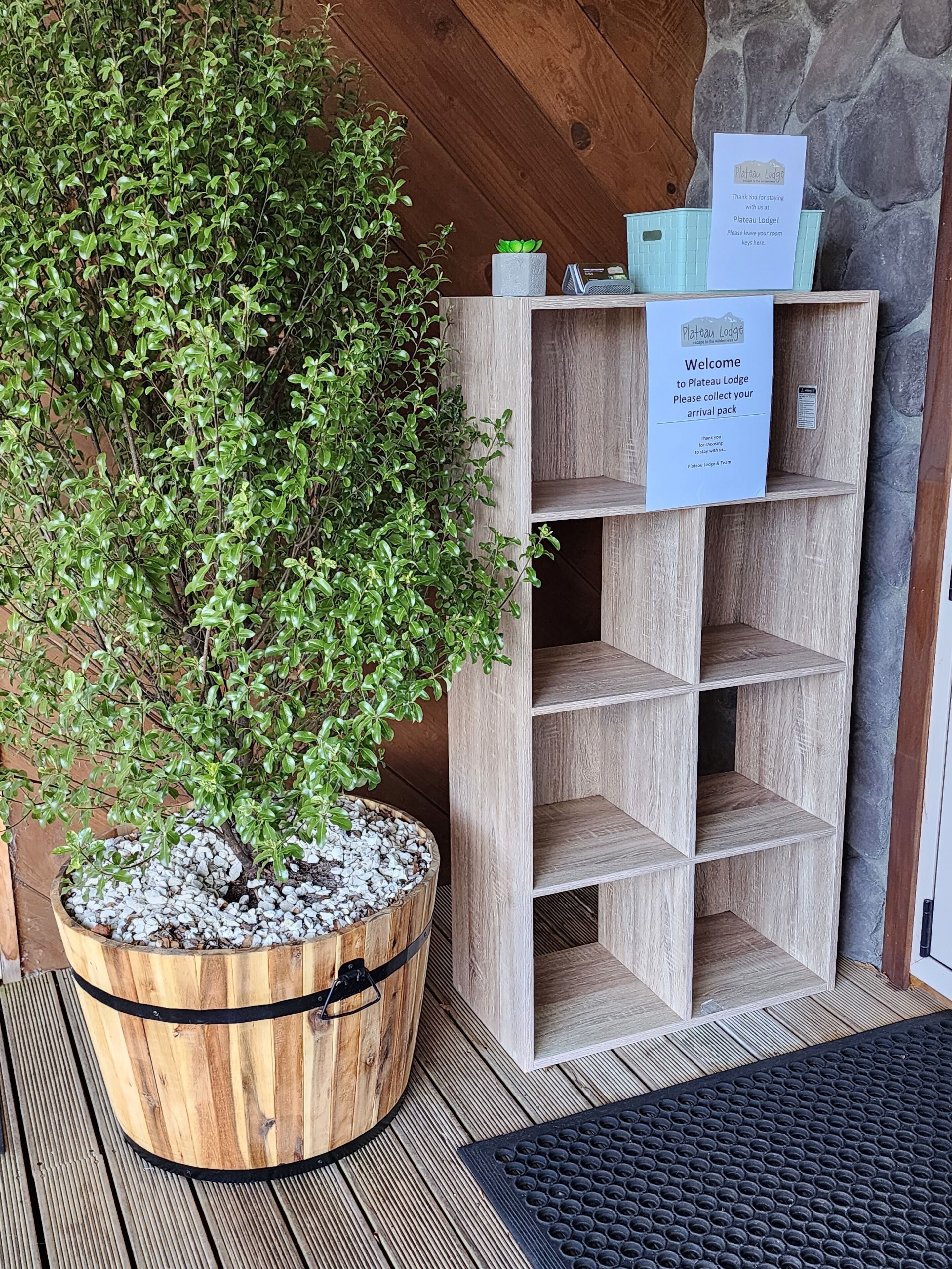 Un support à plantes en bois avec une plante en pot, une étagère en bois ornée de panneaux, et un tapis de sol texturé.