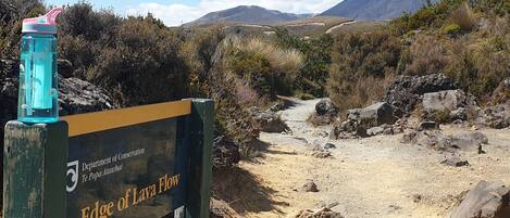 A sign at the edge of lava flow with a mountain in the background.