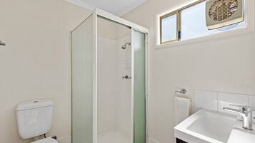 Een badkamer met een douche met glazen wand, een toilet en een wastafel met spiegel erboven.