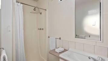 Une salle de bain avec une douche, un lavabo et un miroir.