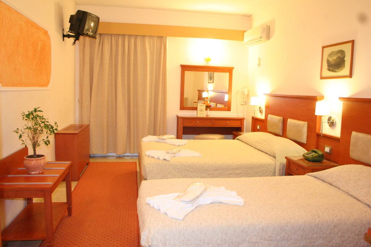 Een hotelkamer met twee bedden, een bureau, een stoel, een televisie en een spiegel.