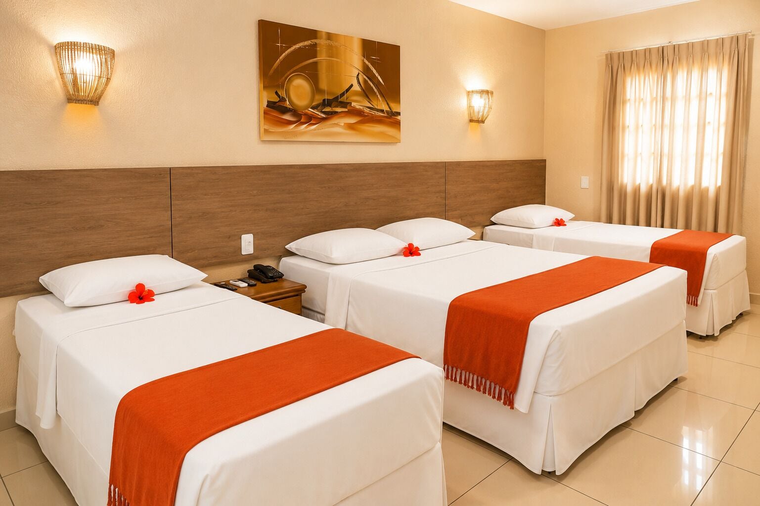 A hotel room with three beds, a wooden headboard, a painting on the wall, and a window with curtains.