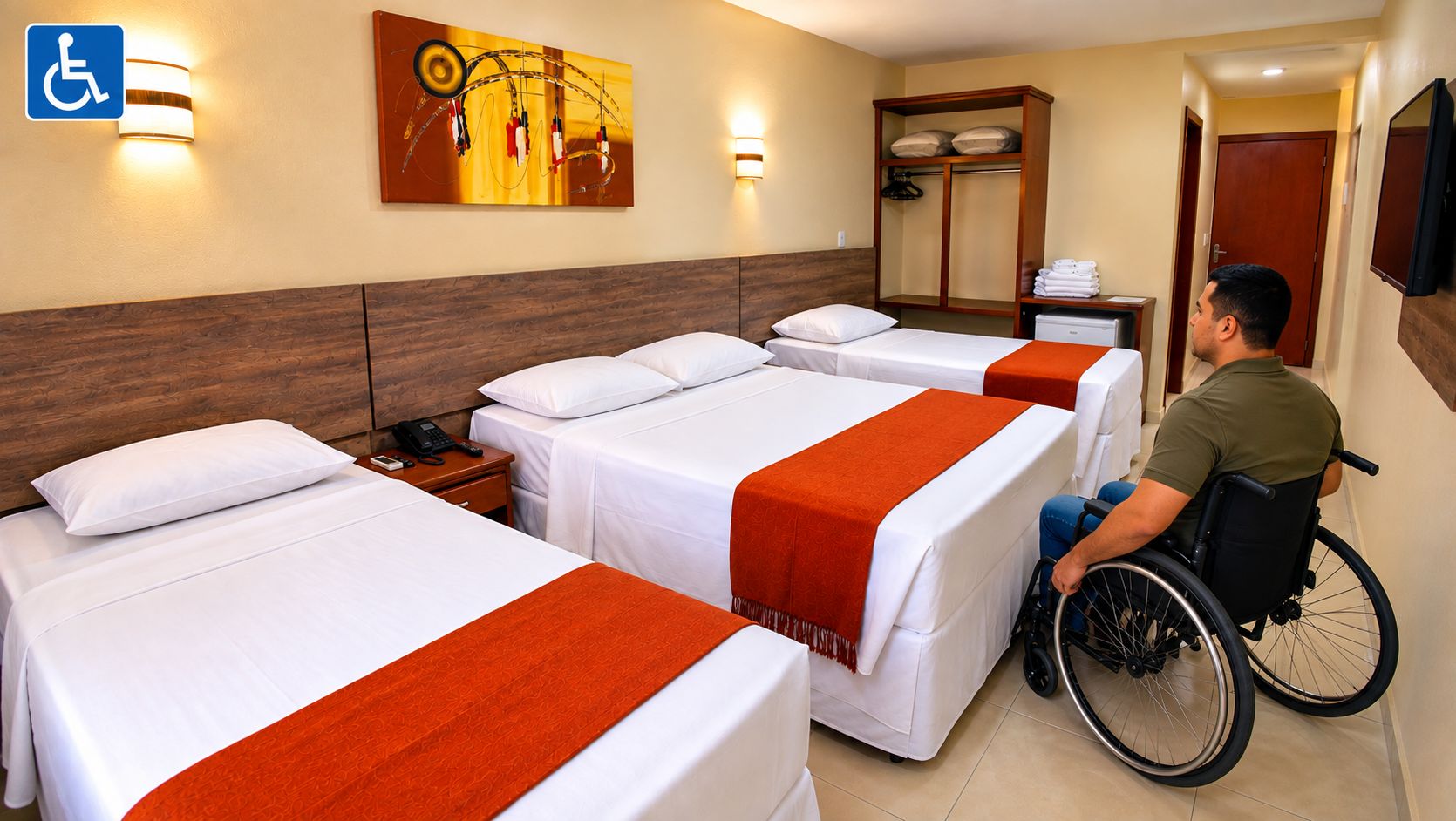Een hotelkamer met twee bedden, een rolstoel, een schilderij aan de muur en een spiegel.