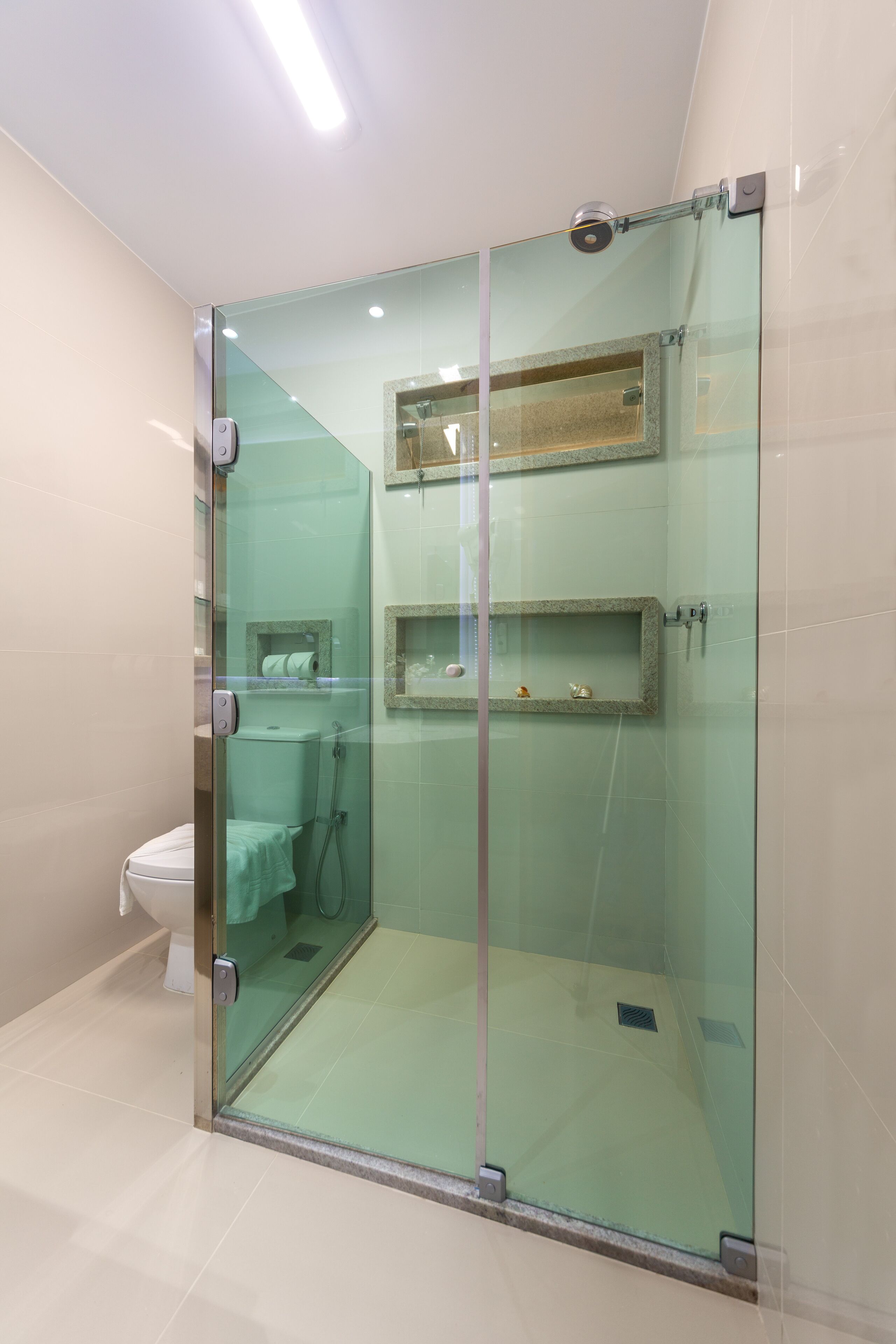 A modern bathroom with a glass-enclosed shower, a toilet, and a shelf with toiletries.