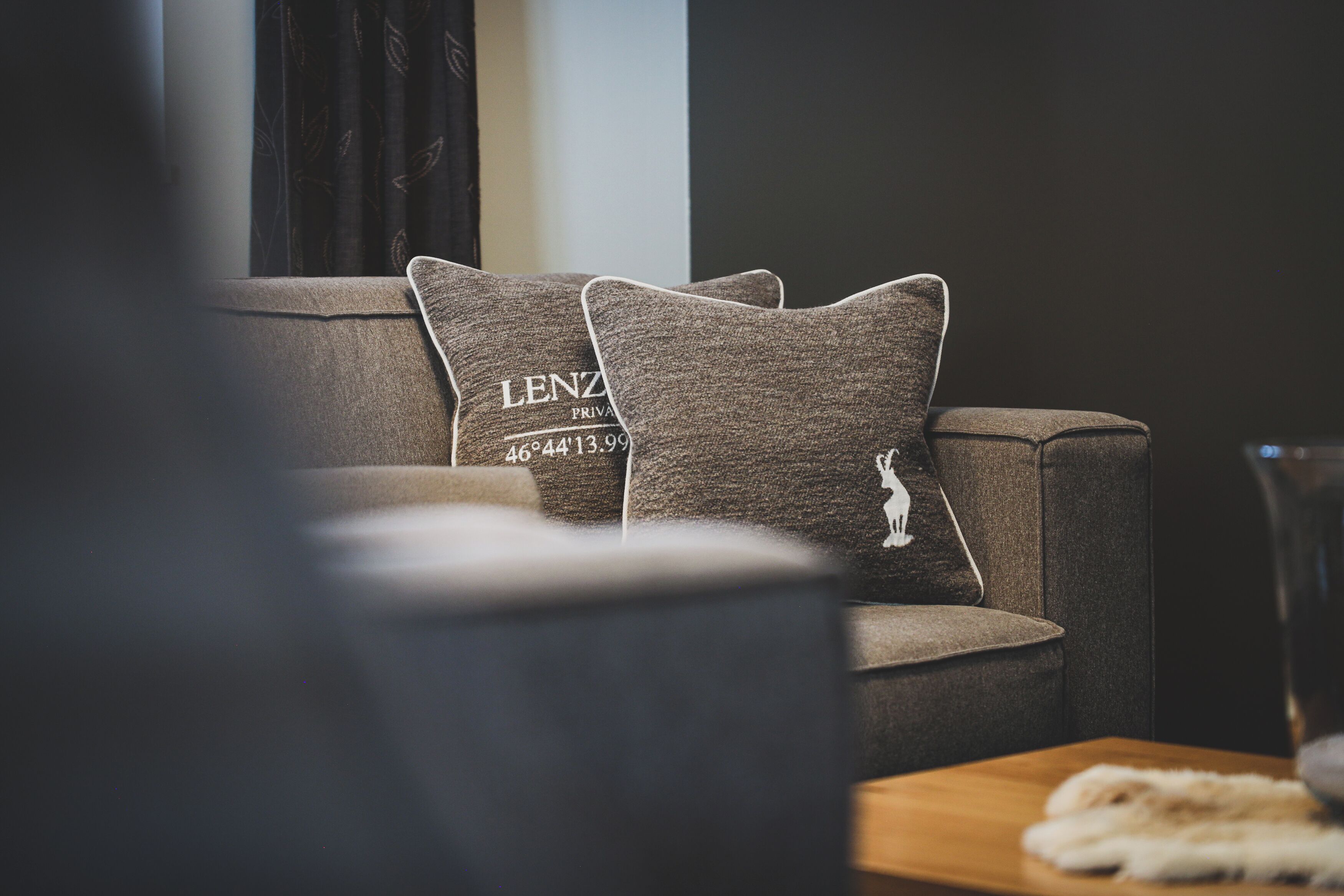 A modern living room with a sofa and two decorative pillows with text.