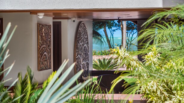 A lush indoor garden with various plants and decorative wall art. -  Quinta do Sol Lite Hotel (Porto Seguro)