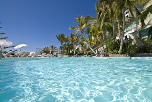 2 outdoor pools, open 11:00 AM to 6:00 PM, pool umbrellas, pool loungers