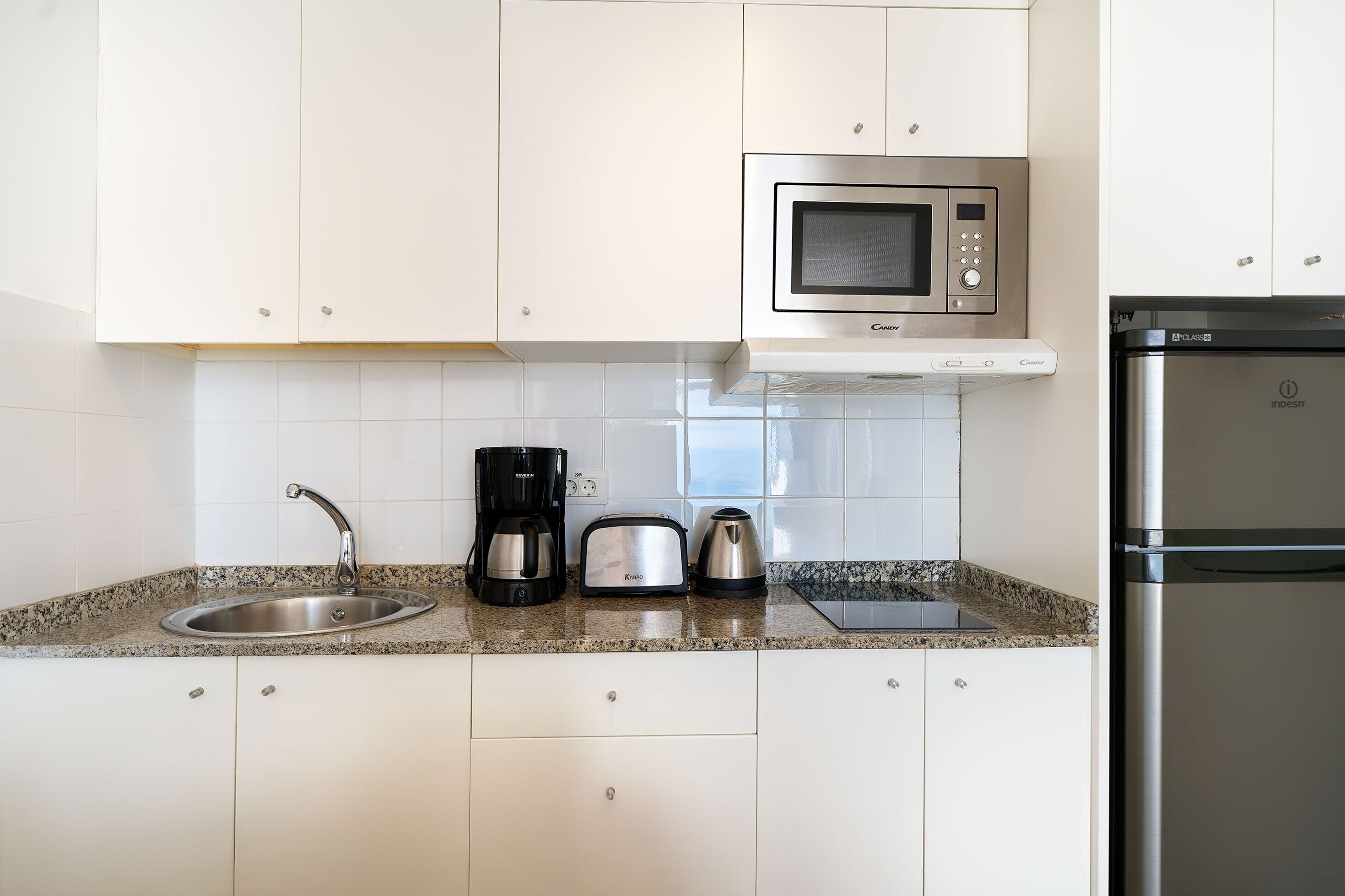 fridge, microwave, coffee/tea maker, toaster