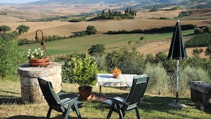 A table with a checkered tablecloth, two chairs, a potted plant, and an umbrella in a rural landscape with rolling hills and a mountain in the background.