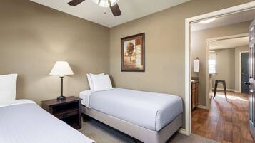 1 bedroom, desk, laptop workspace, iron/ironing board