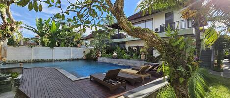 Outdoor pool, pool umbrellas, pool loungers