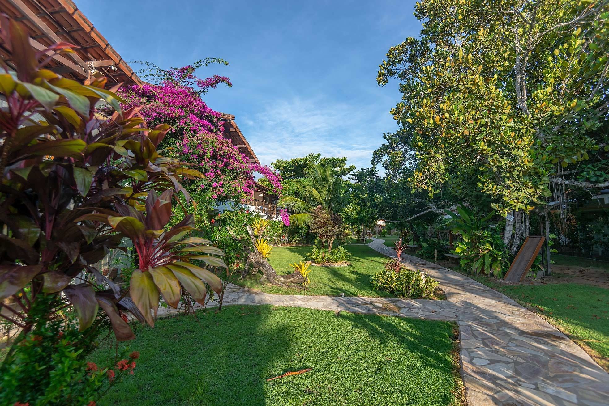 Un jardin bien entretenu, avec un chemin de pierres, une pelouse verdoyante et différentes plantes à fleurs.