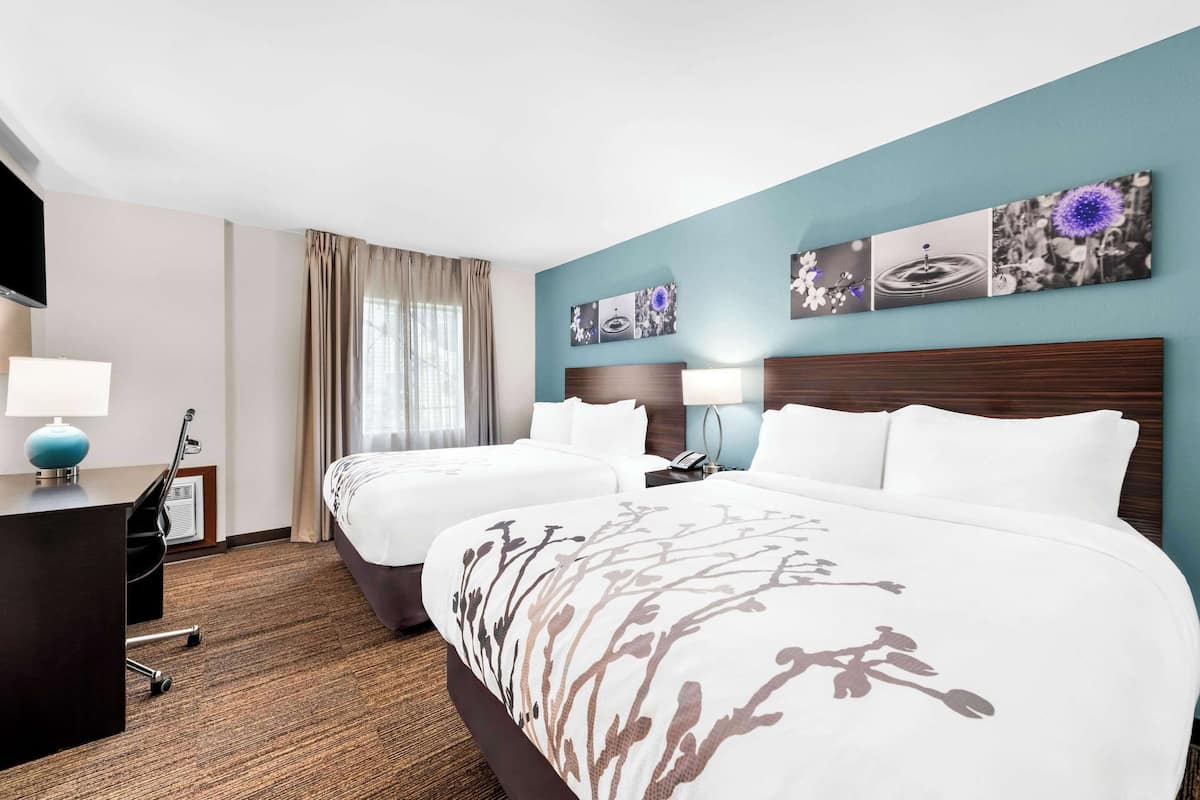 Habitación de hotel con dos camas, un escritorio con lámpara, televisión y obras de arte en la pared.