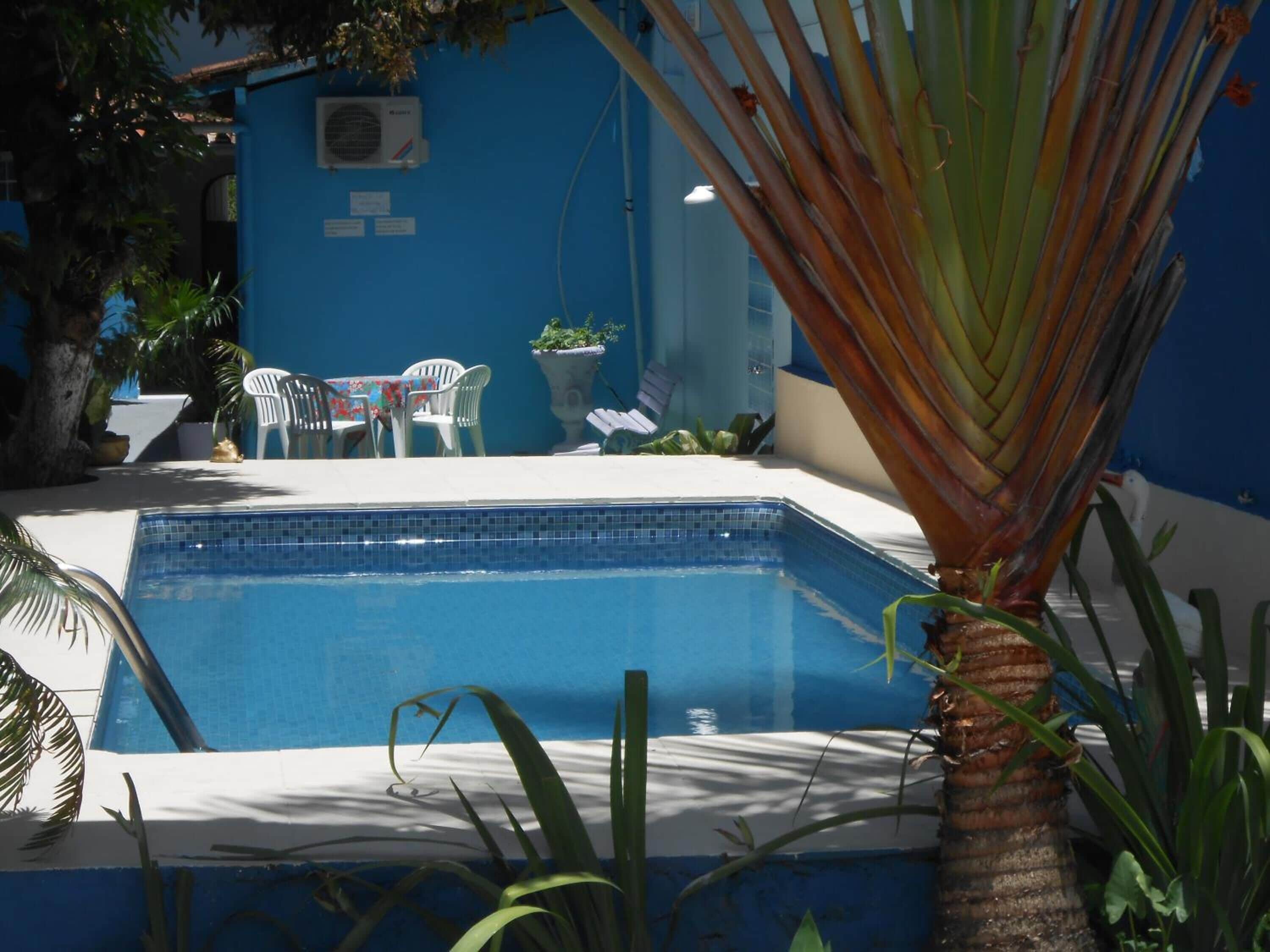 Una piscina amb vora de rajola, envoltada per una paret blava i una palmera. Hi ha cadires de plàstic blanc i una taula amb un mantell de taula de colors.