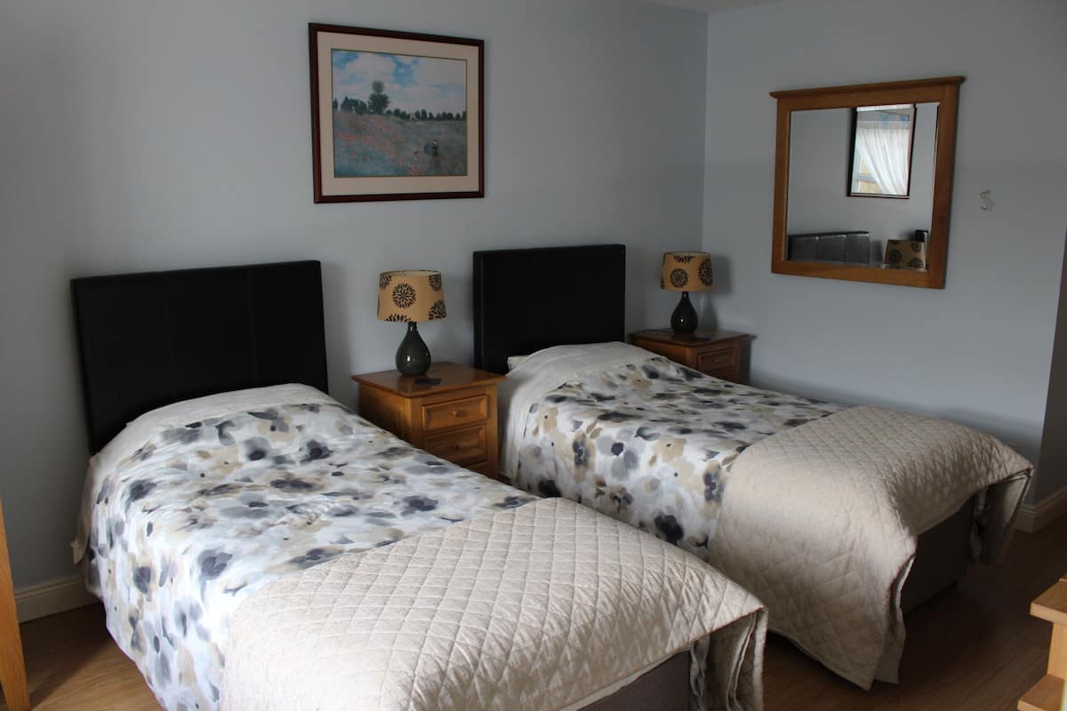 Twin kamer | Individueel gemeubileerd, een bureau, een strijkplank/strijkijzer
