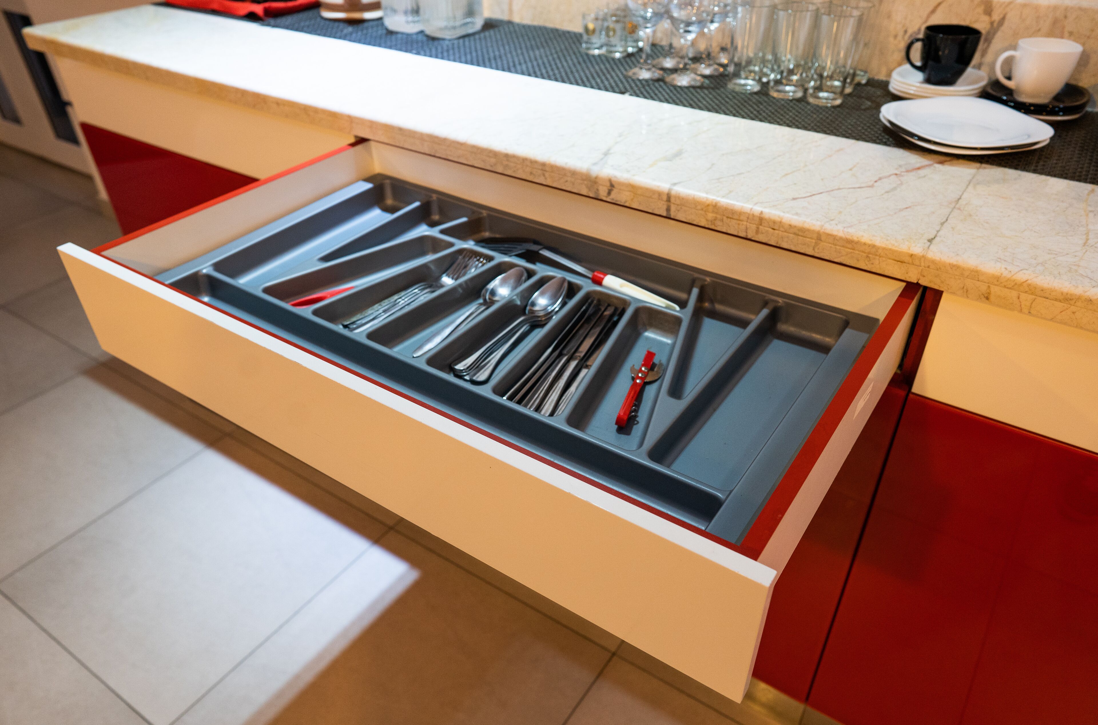 Fridge, microwave, cookware/dishes/utensils, cleaning supplies