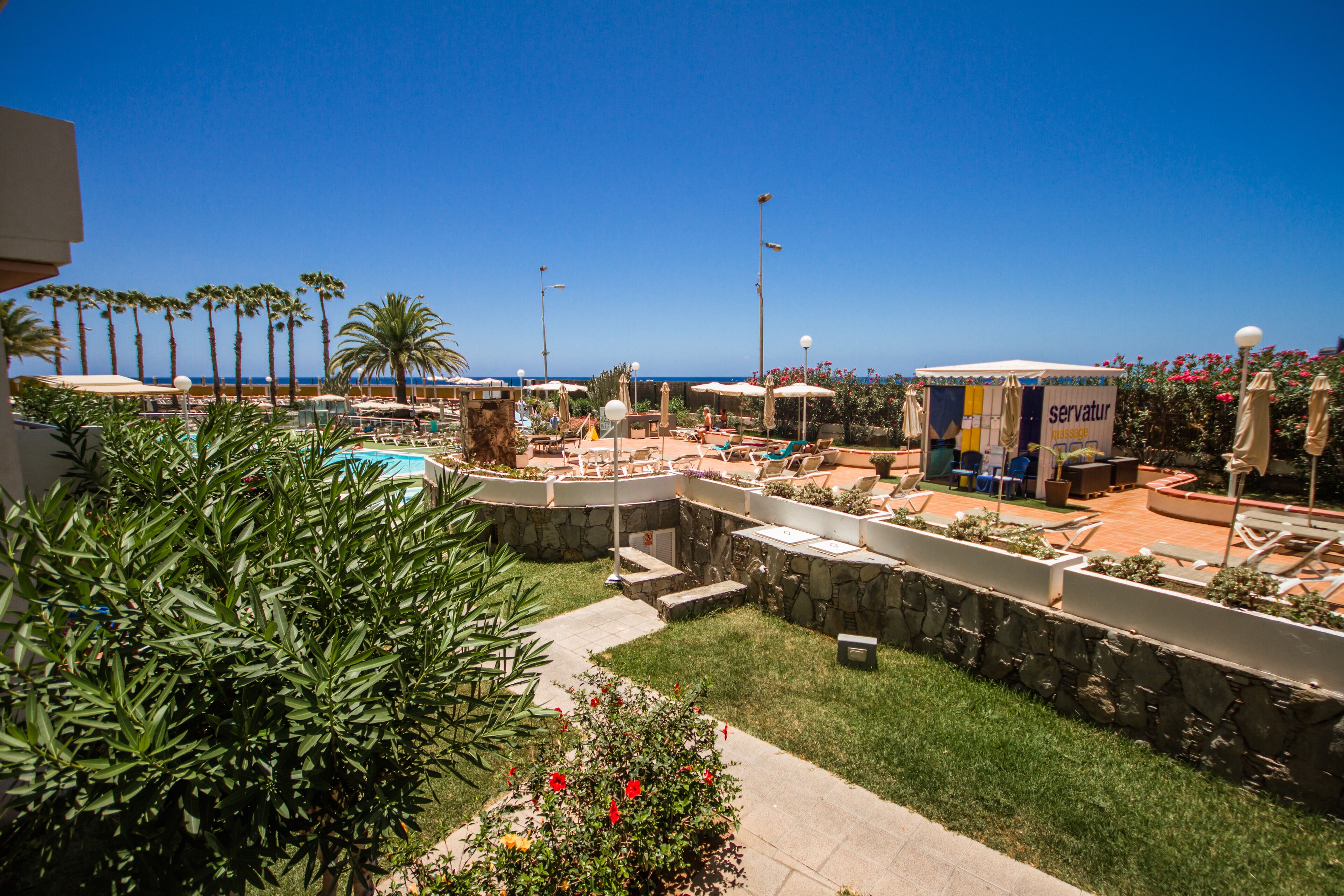 A resort with a pool, lounge chairs, and palm trees.