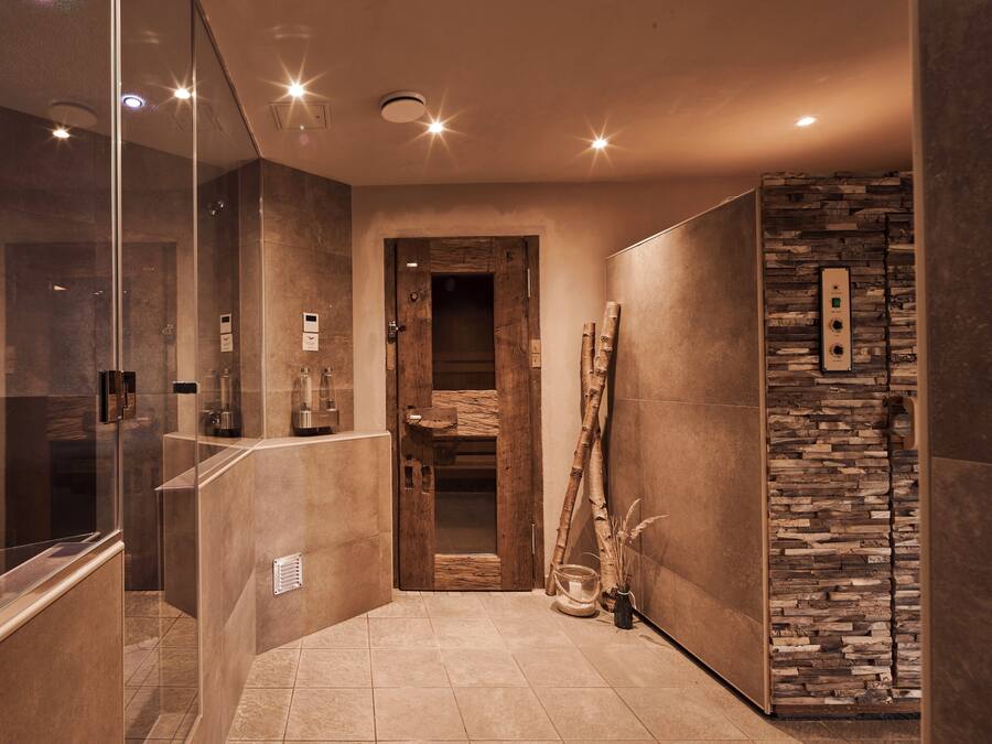 A modern bathroom with a glass shower enclosure, a wooden door, and a stone accent wall.