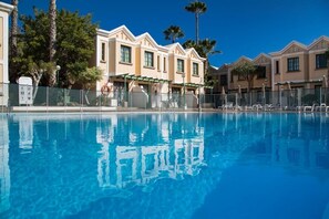 Outdoor pool, pool umbrellas, pool loungers