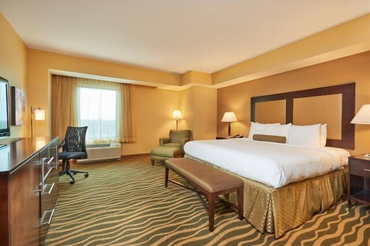 A hotel room with a bed, desk, chair, and a bench.