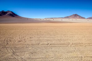 Un vaste paysage désertique, avec des dunes de sable et des montagnes, sous un ciel bleu dégagé.