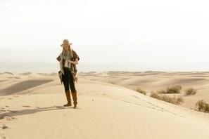 Une personne se tient sur une dune de sable, avec un vaste paysage désertique en arrière-plan.
