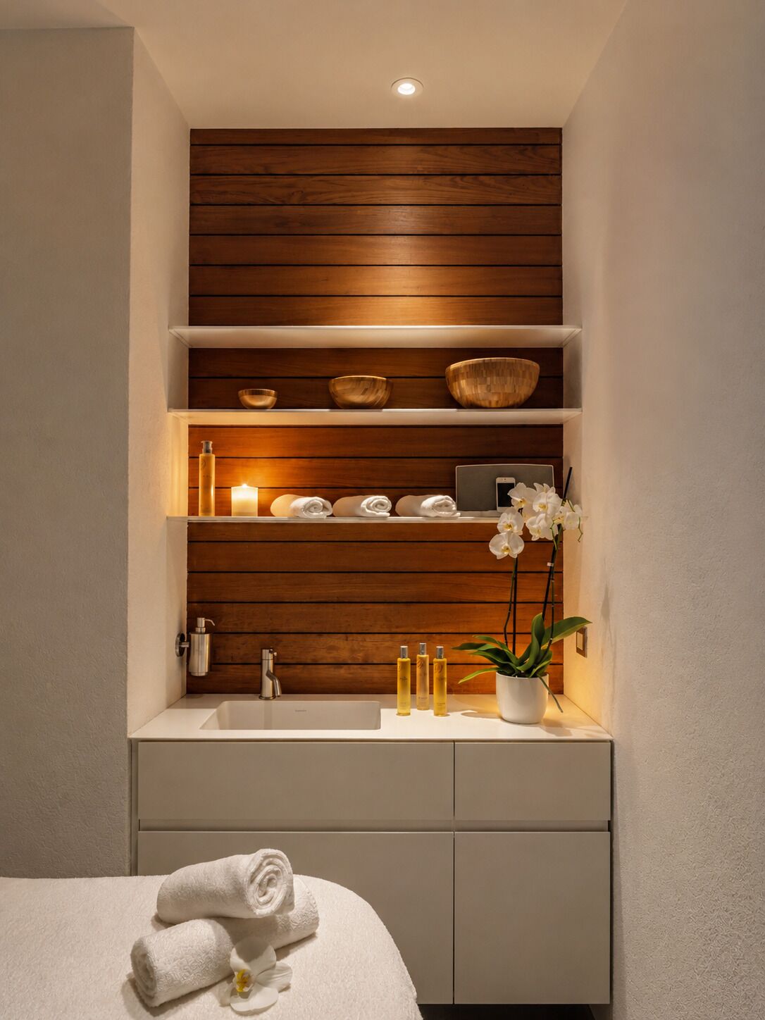 Un baño con tocador de madera, lavamanos y estantes sobre el lavabo.