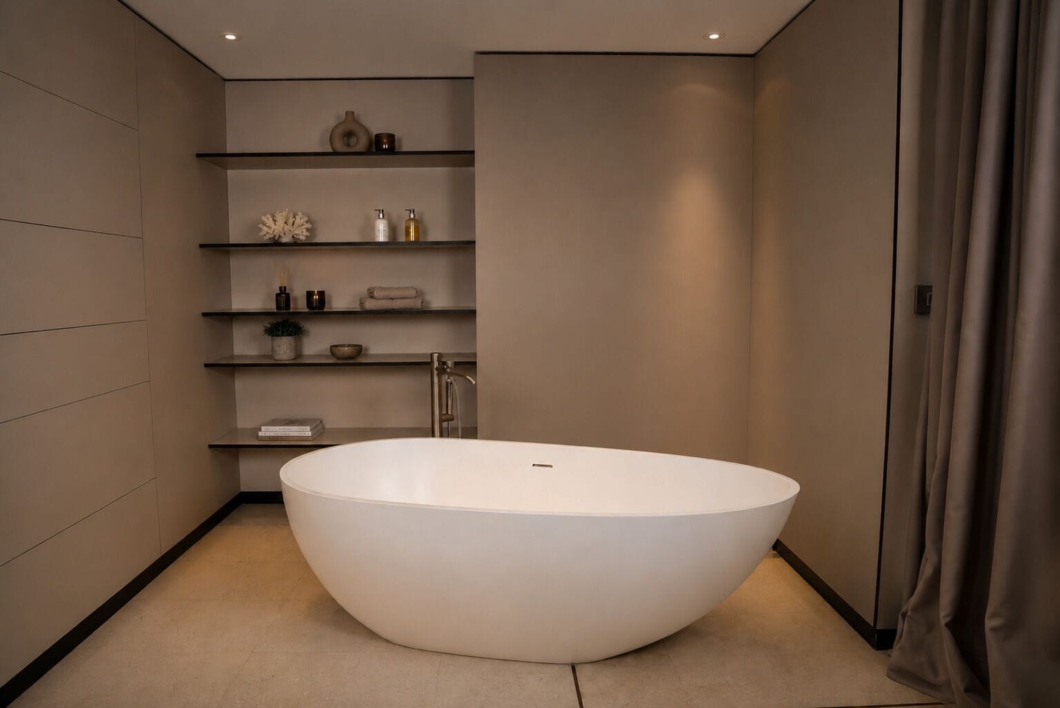 A modern bathroom with a large freestanding bathtub, built-in shelves, and a minimalist design.
