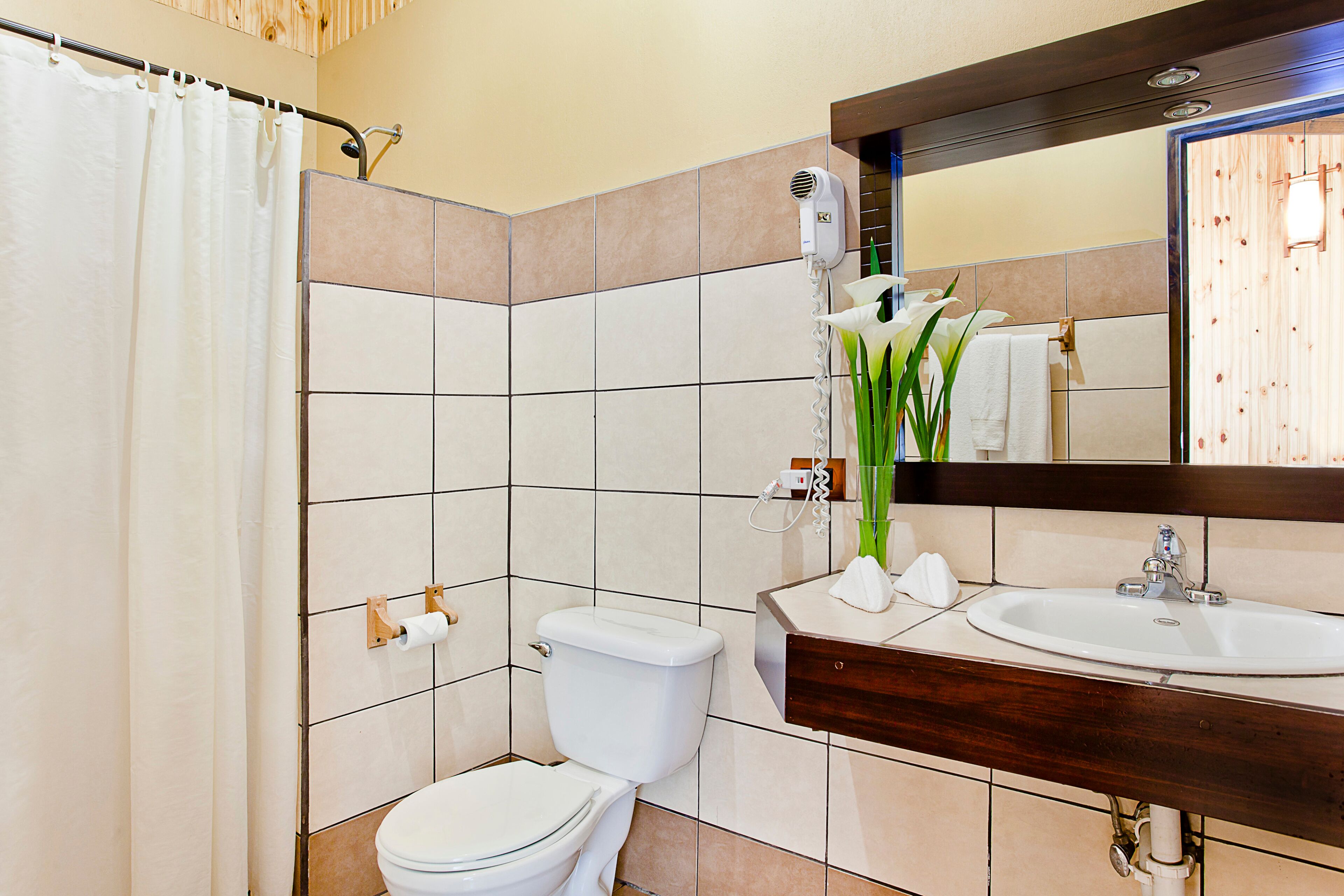 standard double room | bathroom | jetted bath, eco-friendly toiletries, hair dryer, towels
