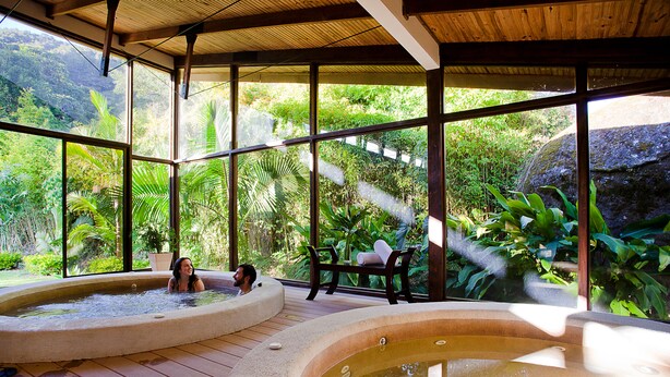 Een wellnessruimte met twee whirlpools en een houten terras, omgeven door weelderige beplanting en grote ramen.