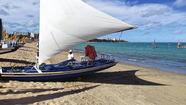 Un velero con vela blanca en una playa arenosa.