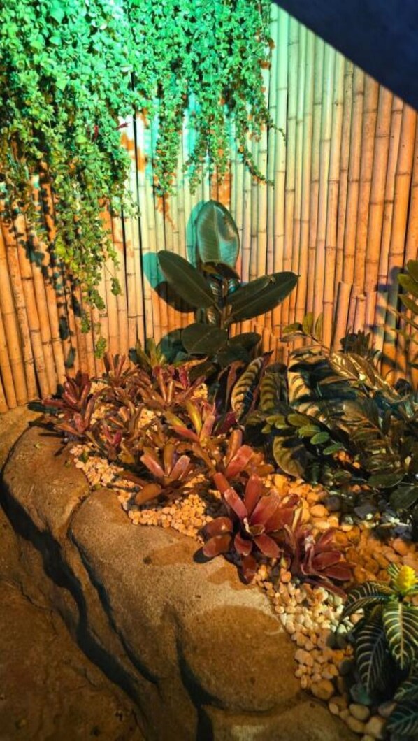 A stone planter with various plants and pebbles. - Pousada Bon Vivant (Cabo Frio)