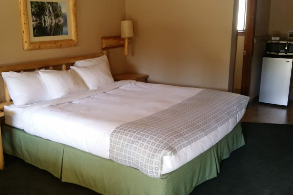 A neatly made bed with a green skirt, two bedside tables with lamps, a small refrigerator, and a framed picture on the wall.