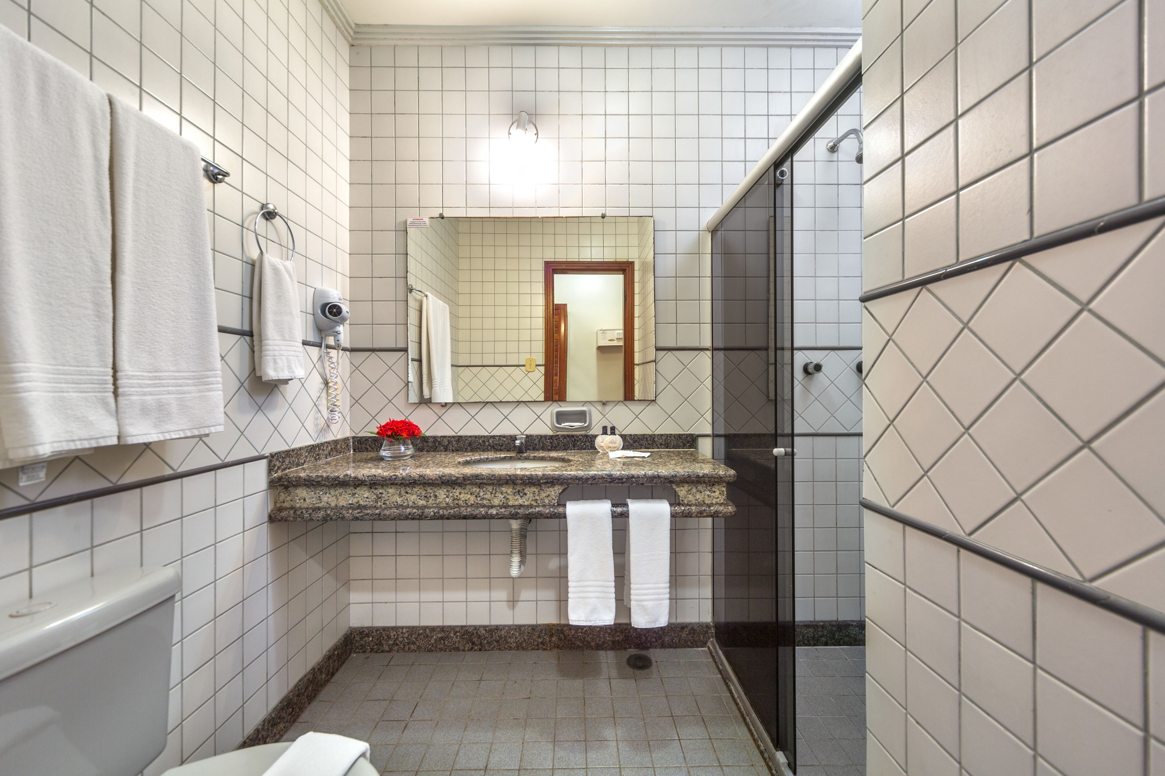 deluxe room | bathroom | shower, hair dryer, towels