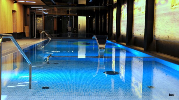 A swimming pool with clear blue tiles, a glass barrier, and a metal ladder. - Regatta Hotel Restauracja Spa (Poznan)