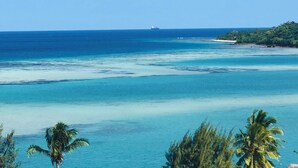 Un paisaje costero con aguas azules cristalinas, una playa arenosa y abundante vegetación.