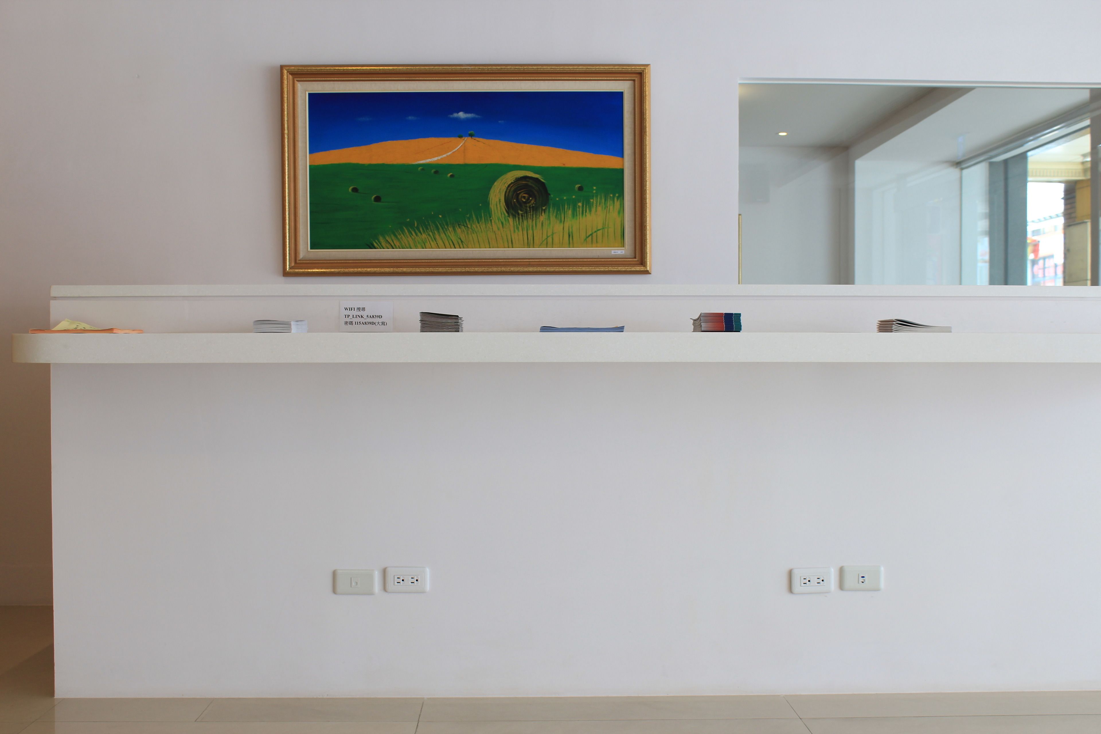 A reception desk with a framed painting above it, a mirror to the right, and a white counter with a few items on it.