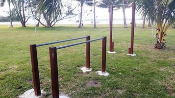 A grassy area with metal exercise equipment and palm trees.