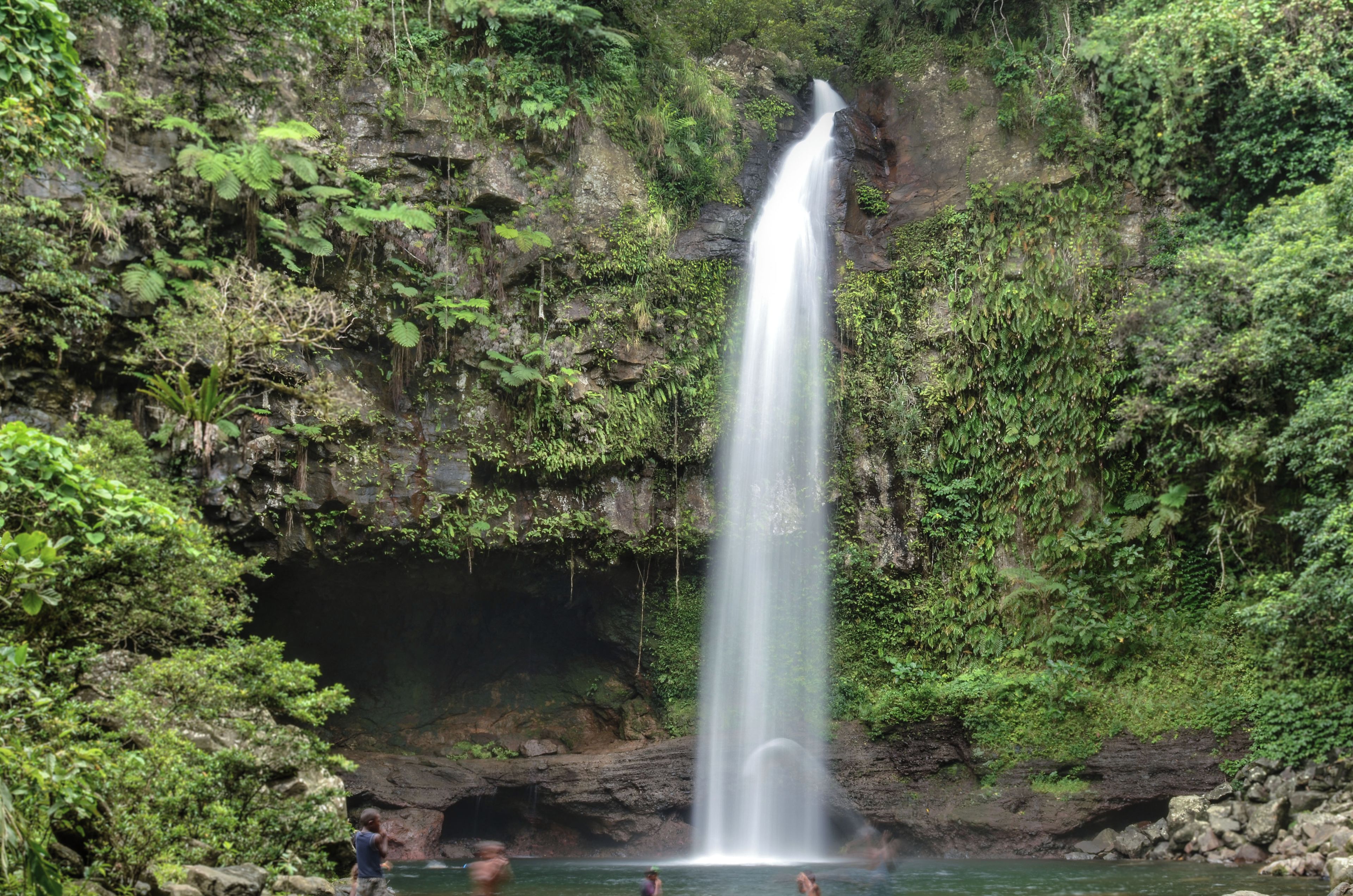 A waterfall cascading down a rocky cliff surrounded by lush greenery.