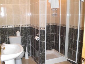 A bathroom with a toilet, bidet, and shower stall.