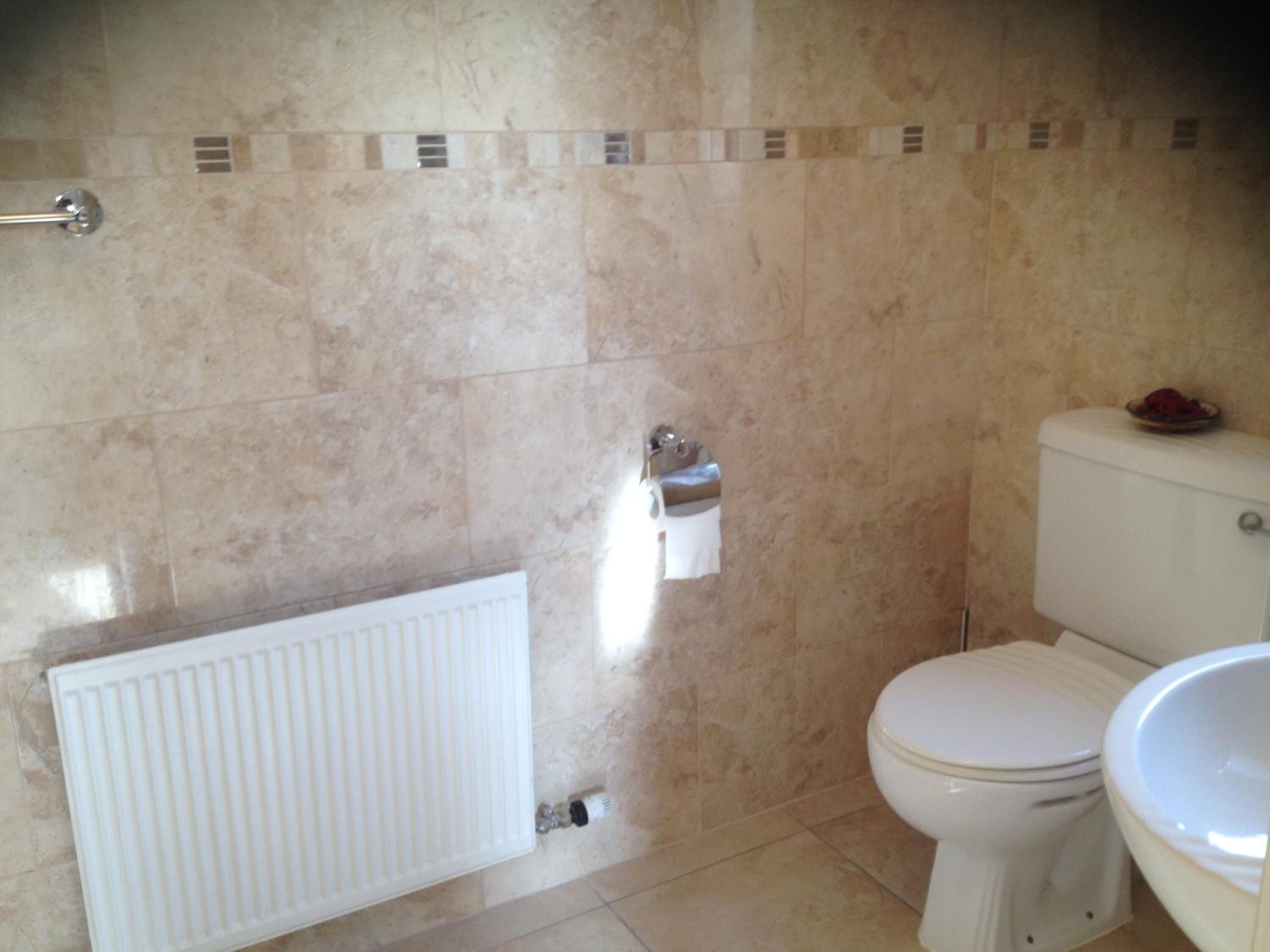 A bathroom with a toilet, a sink, and a radiator.